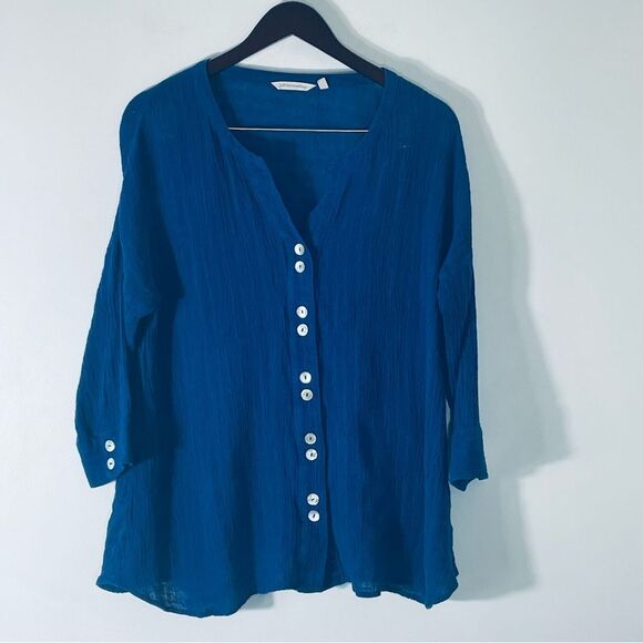 Soft Surroundings Women’s Blue Linen Blend V Neck Tunic Top w Buttons Size M - Picture 1 of 10
